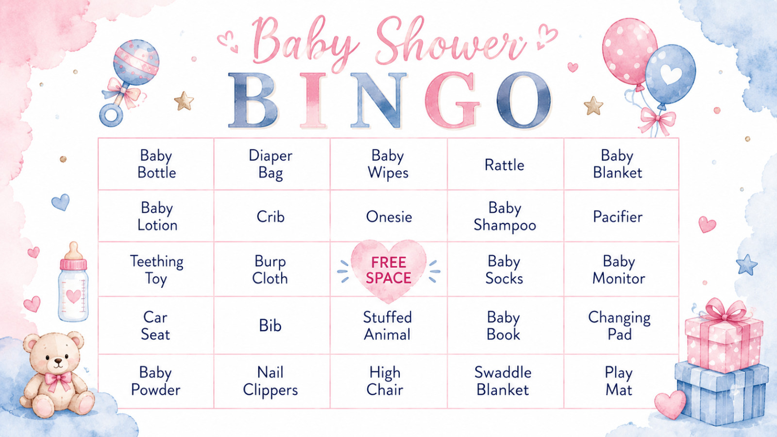 Baby shower bingo game cards laid out for play