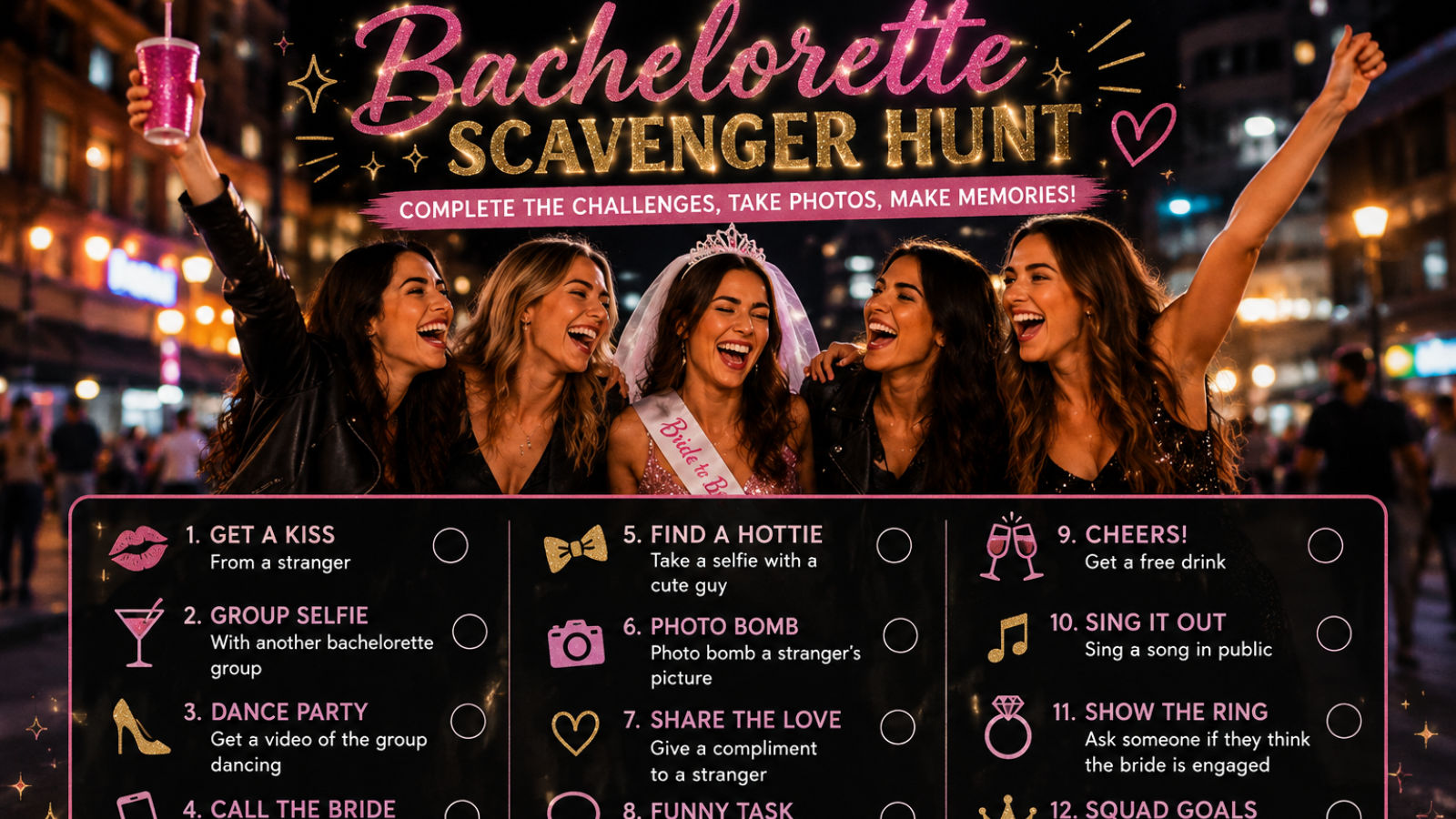 Bachelorette scavenger hunt checklist and night out