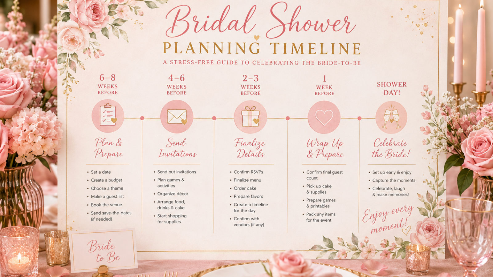 Bridal shower table set with pink roses and florals