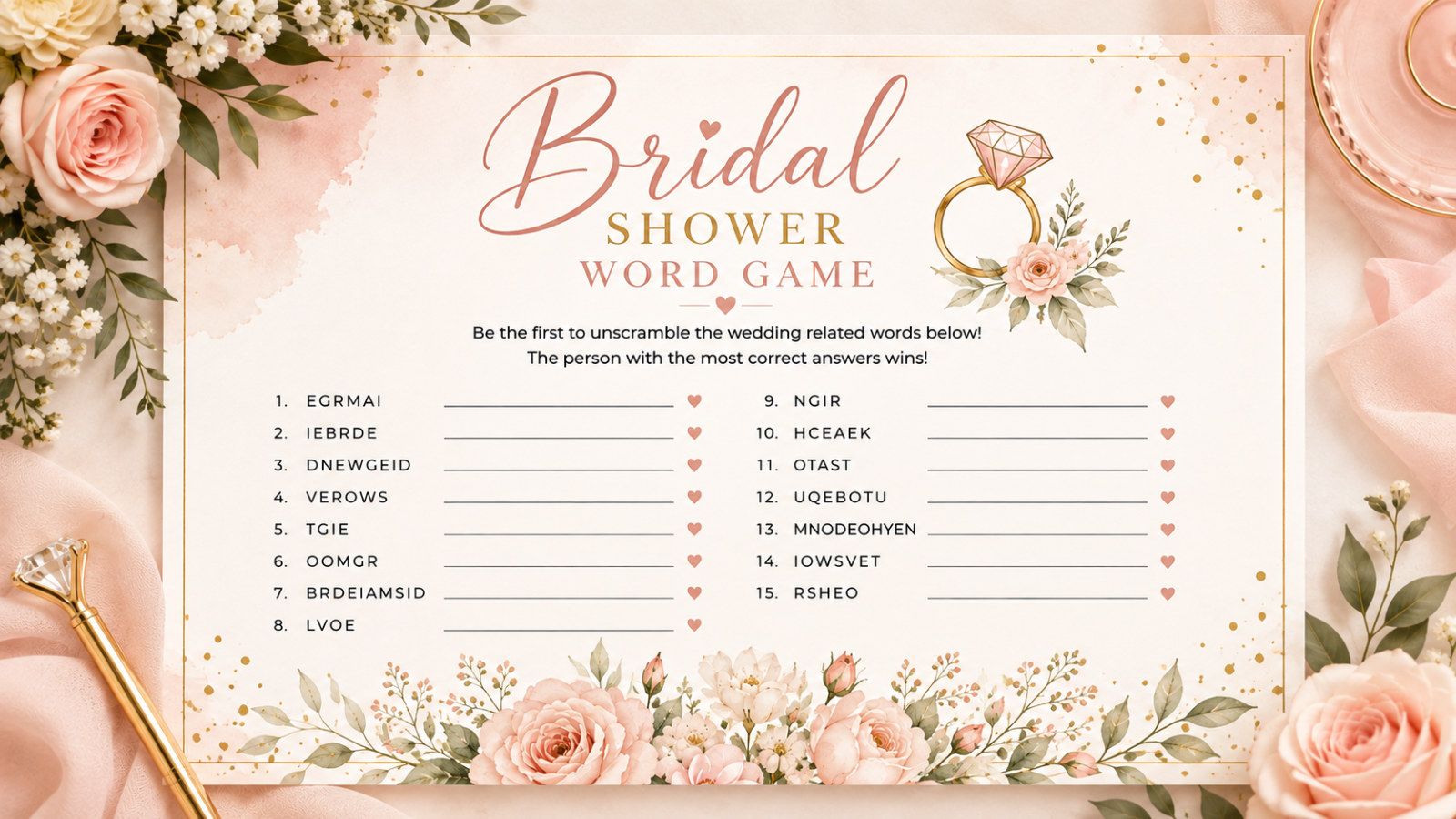 Bridal shower word scramble printable game example