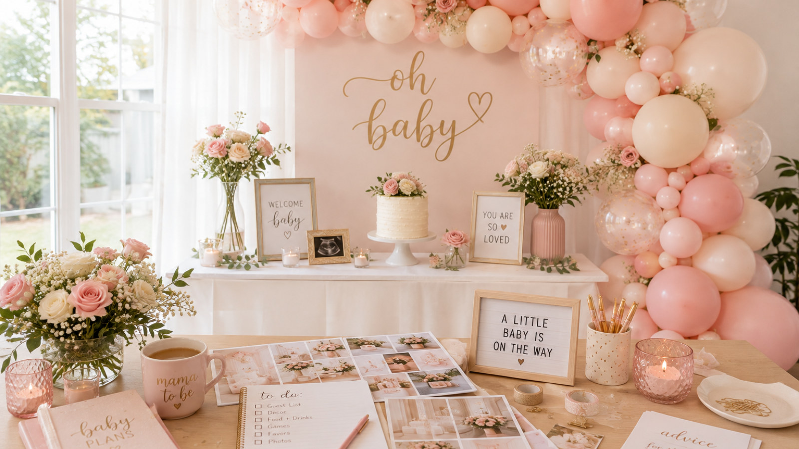 Baby shower table decorated with balloons and treats